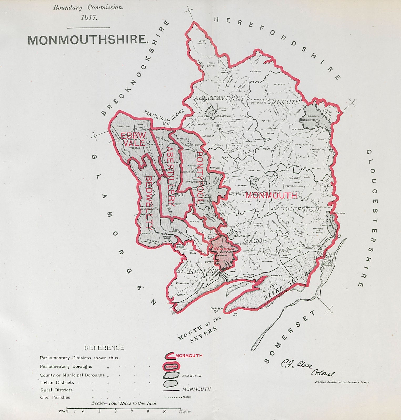 Monmouthshire Parliamentary County. BOUNDARY COMMISSION. Close 1917 old map